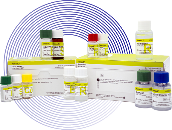 Photo shows the boxes for HemosIL Liquid Anti-Xa with the reagent vials in front of and on top of the boxes in an artistic arrangement. Light blue rings are behind the image uniting the two boxes.