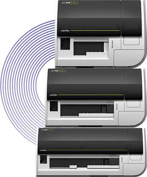 Image showing the ACL TOP Family 70 Series systems in an artistic stack with the largest, ACL TOP 770 analyzer on the bottom, ACL TOP 570 analyzer in the middle and the smallest, ACL TOP 370 analyzer on the top. Light blue rings are to the left connecting the analyzers as one image.