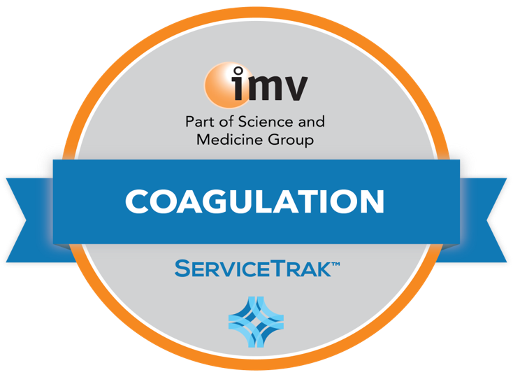IMV ServiceTrak award seal which is a gray circle with an orange outline and a ribbon going through it. Text says: IMV Part of Science and Medicine Group Coagulation Service Trak.