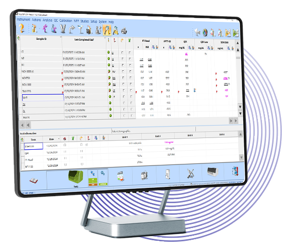 Monitor shows HemoHub Intelligent Data Manager interface with sample data.