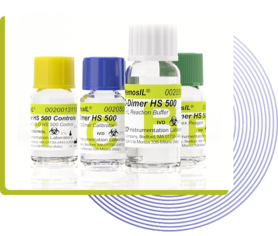 Image shows HemosIL D-Dimer HS 500 vials with the text next to it that says, confidence in VTE exclusion. Light blue rings are artistically placed in the background.