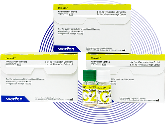 Photo shows the boxes for HemosIL Rivaroxaban Controls and Calibrators. There are two reagent vials set in front of the boxes. Illustrative, light blue rings are artistically placed behind the boxes.