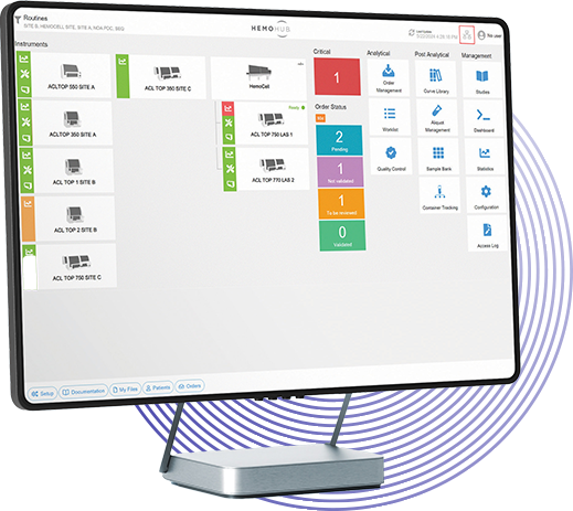 Computer monitor showing the HemoHub Intelligent Data Manager interface with easy to navigate buttons providing easy access to traceability for accreditation requirements. Light blue artistic circles are in the background.