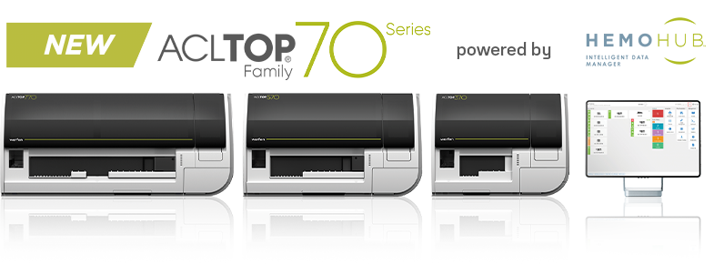 Photo shows the ACL TOP Family 70 Series logo and the HemoHub Intelligent Data Manager logo with the analyzers beneath them. The analyzers shown are the ACL TOP 770, ACL TOP 570 and the ACL TOP 370. The monitor showing the HemoHub interface is also shown. Photo shows the ACL TOP Family 70 Series logo and the HemoHub Intelligent Data Manager logo with the analyzers beneath them. The analyzers shown are the ACL TOP 770, ACL TOP 570 and the ACL TOP 370. The monitor showing the HemoHub interface is also shown.