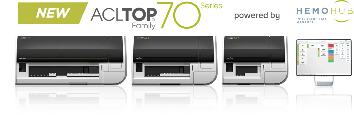 Photo shows the ACL TOP Family 70 Series and HemoHub Intelligent Data Manager logos. Analyzers from the ACL TOP 70 Family series are also shown: ACL TOP 770, ACL TOP 570 and the ACL TOP 370. A computer monitor showing the HemoHub interface on screen is visible.