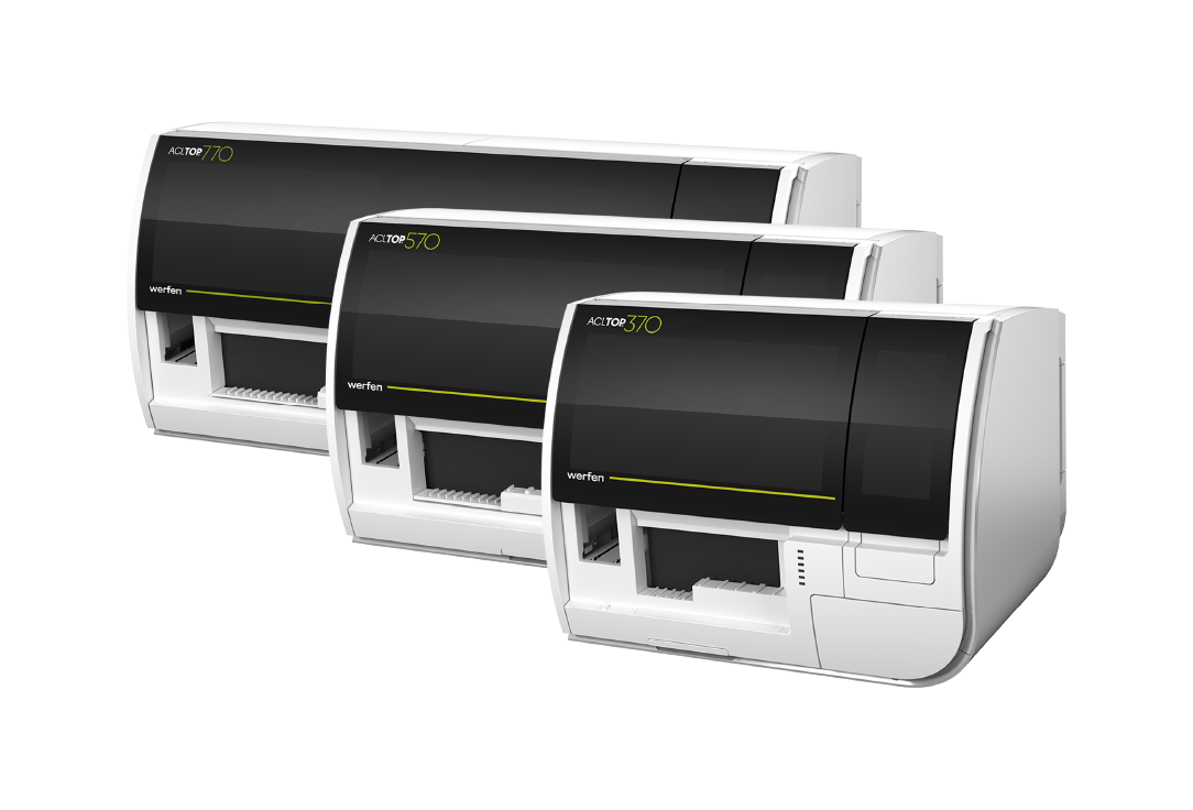 ACL TOP 70 Series Systems showing the ACL TOP 370 analyzer for low- to medium-volume labs, the ACL TOP 570 for medium- to high-volume labs, and the 770 analyzers for high-volume and fully automated labs.