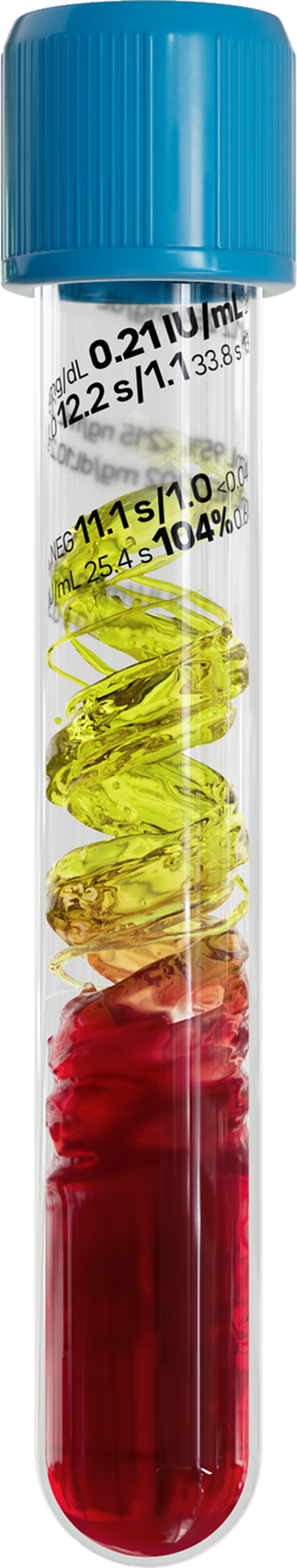 Illustration of a blue-topped sample tube with liquid inside that starts with the color red and the bottom and slowly changes to yellow, then to clear. The clear part has numbers overlaid to represent the data that is extracted from a sample.